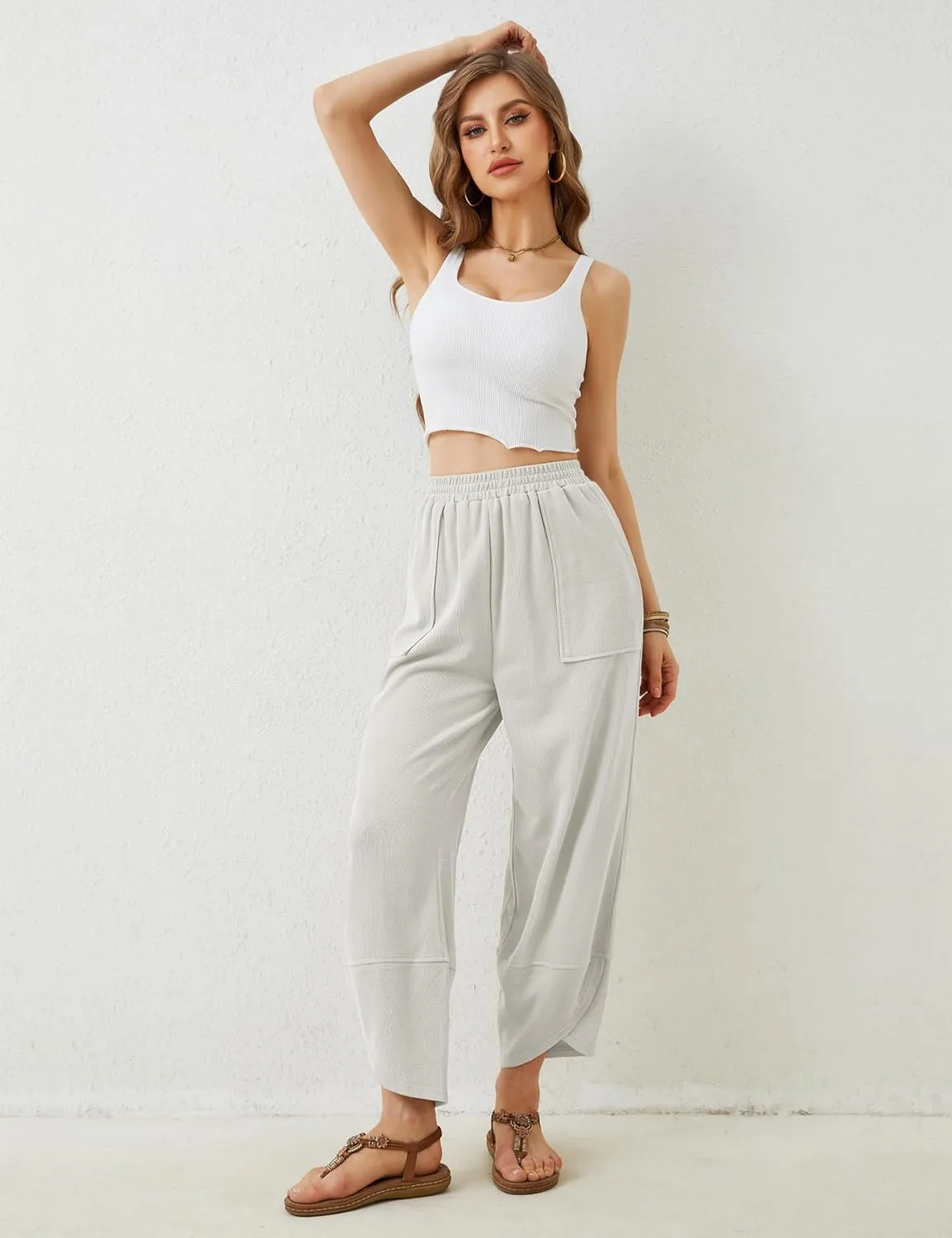 Hooever Women's Wide Leg Harem Pants Baggy Elastic Waisted Cotton Palazzo Pants Summer Beach Trousers