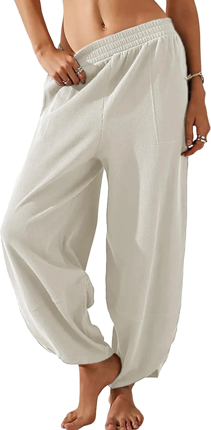Hooever Women's Wide Leg Harem Pants Baggy Elastic Waisted Cotton Palazzo Pants Summer Beach Trousers