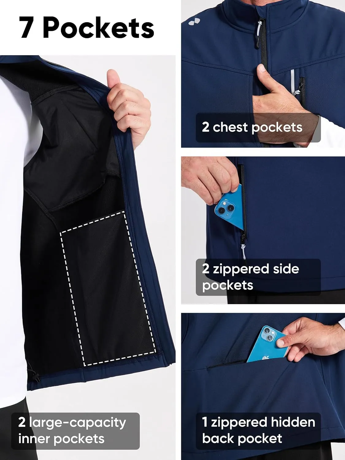 HOTSUIT Water Resistant Golf Vest for Men Lightweight Mens Winter Vests Outerwear with 7 Pockets Softshell Fleece Vest