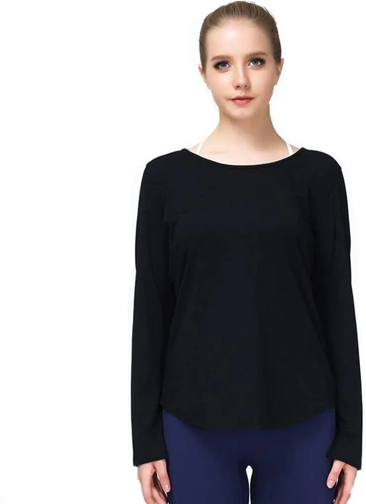HSQMA Women's Long Sleeve Workout Shirts Crew Neck Yoga Loose Fit Athletic Casual Lounge TopQuick Dry Fitness Gym T Shirt Loose Fit Breathable (Color : Black/, Size : S/)