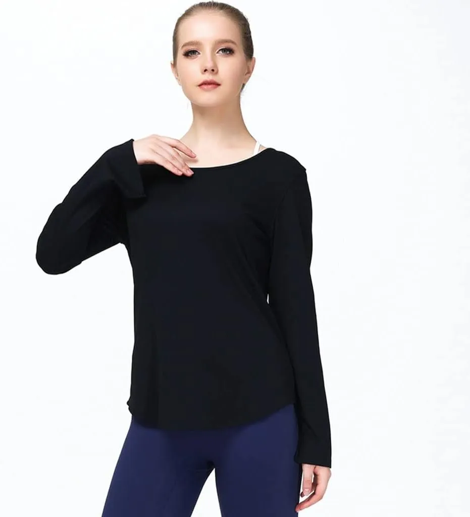 HSQMA Women's Long Sleeve Workout Shirts Crew Neck Yoga Loose Fit Athletic Casual Lounge TopQuick Dry Fitness Gym T Shirt Loose Fit Breathable (Color : Black/, Size : S/)