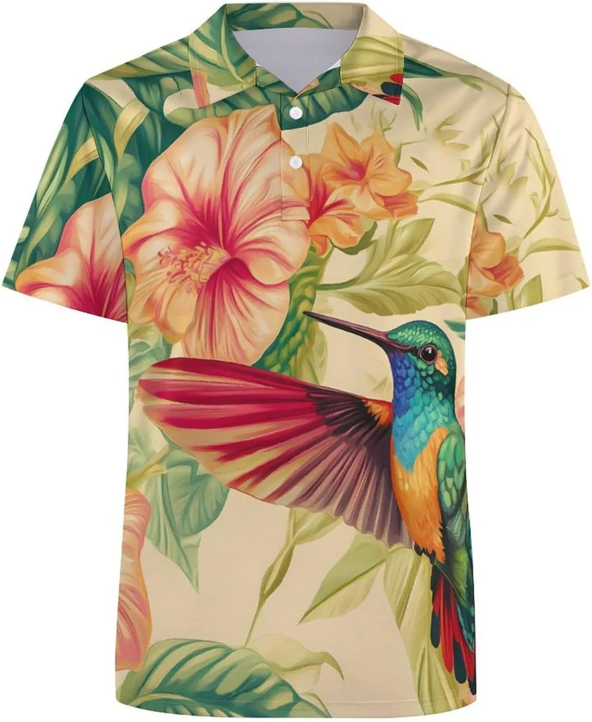 Hummingbird and Flowers Slim Fit Men's Short Sleeve Polo Shirts Quick-Dry Breathable Golf T-Shirt Tops