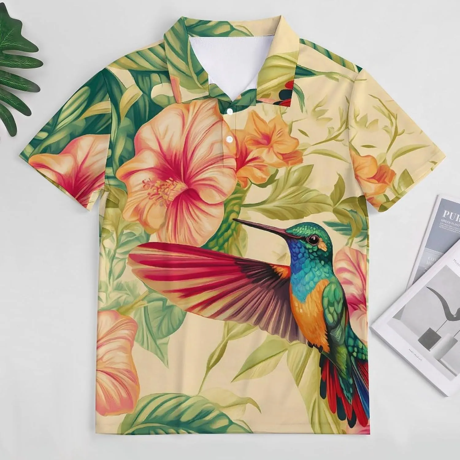 Hummingbird and Flowers Slim Fit Men's Short Sleeve Polo Shirts Quick-Dry Breathable Golf T-Shirt Tops