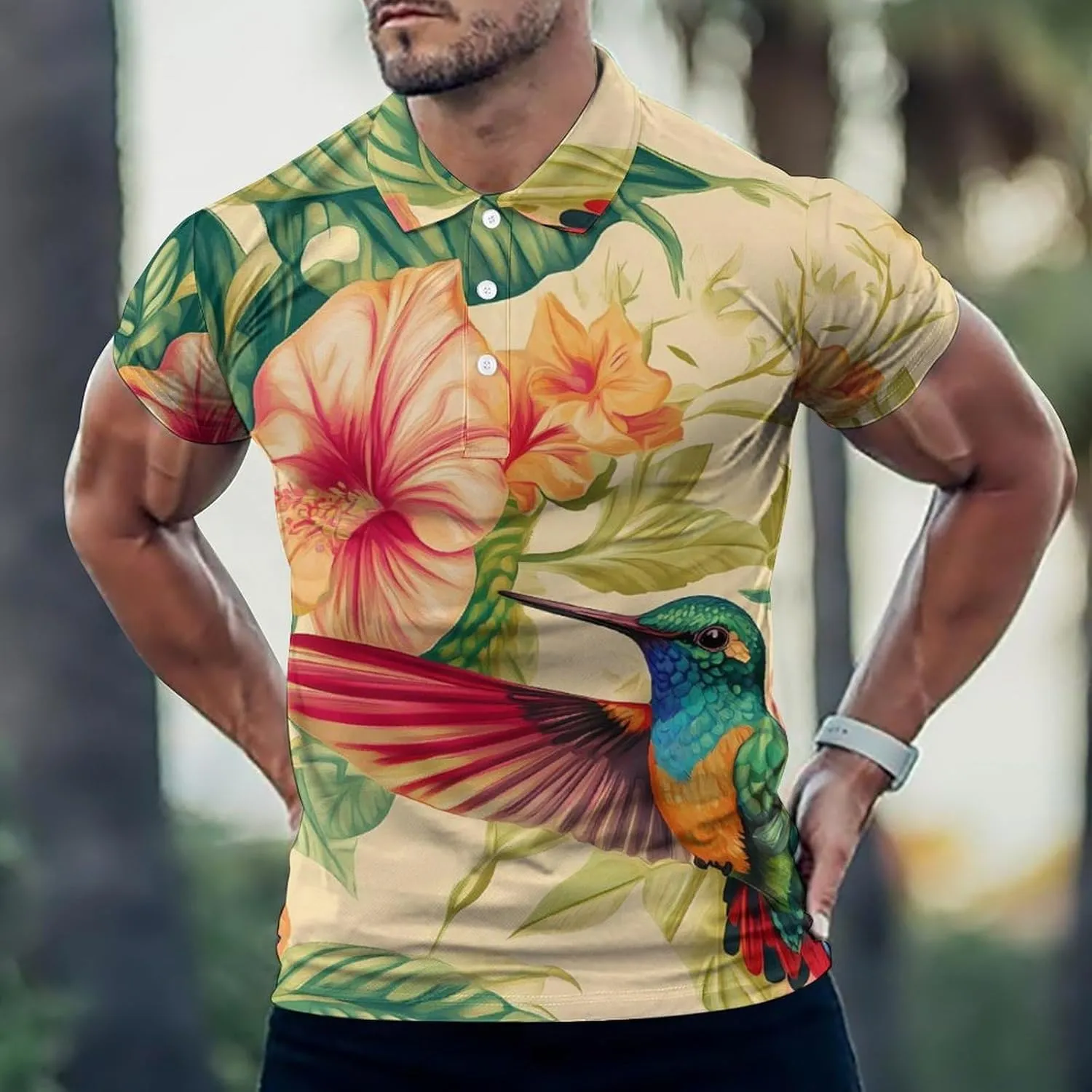 Hummingbird and Flowers Slim Fit Men's Short Sleeve Polo Shirts Quick-Dry Breathable Golf T-Shirt Tops