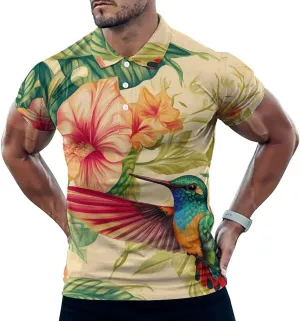 Hummingbird and Flowers Slim Fit Men's Short Sleeve Polo Shirts Quick-Dry Breathable Golf T-Shirt Tops