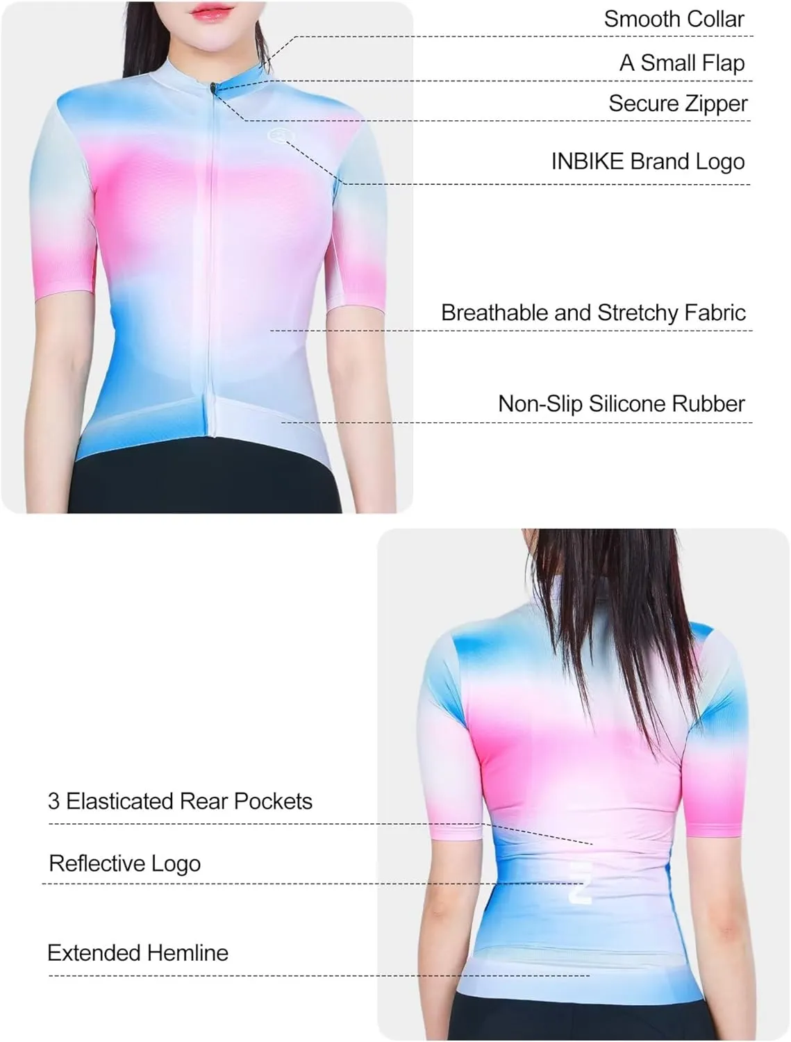 INBIKE Cycling Jersey Women Short Sleeve, Breathable Bike Shirt Full Zipper, Quick Dry Biking Tops with 3 Rear Pockets