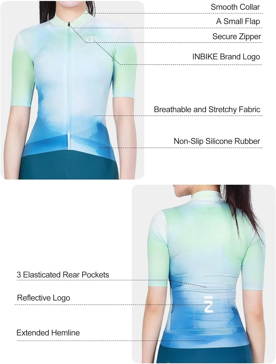 INBIKE Cycling Jersey Women Short Sleeve, Breathable Bike Shirt Full Zipper, Quick Dry Biking Tops with 3 Rear Pockets