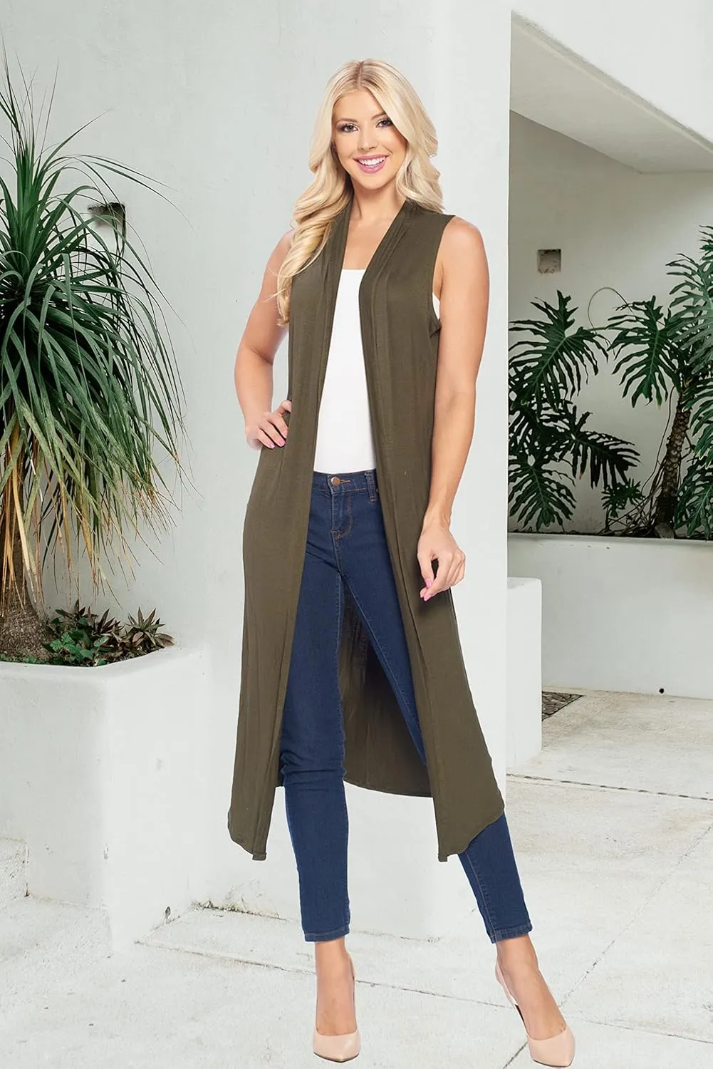 Isaac Liev Women's Sleeveless Cardigan  Casual Long Maxi Open Front Flowy Drape Lightweight Duster Vest Made in USA