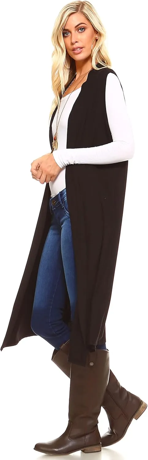 Isaac Liev Women's Sleeveless Cardigan  Casual Long Maxi Open Front Flowy Drape Lightweight Duster Vest Made in USA