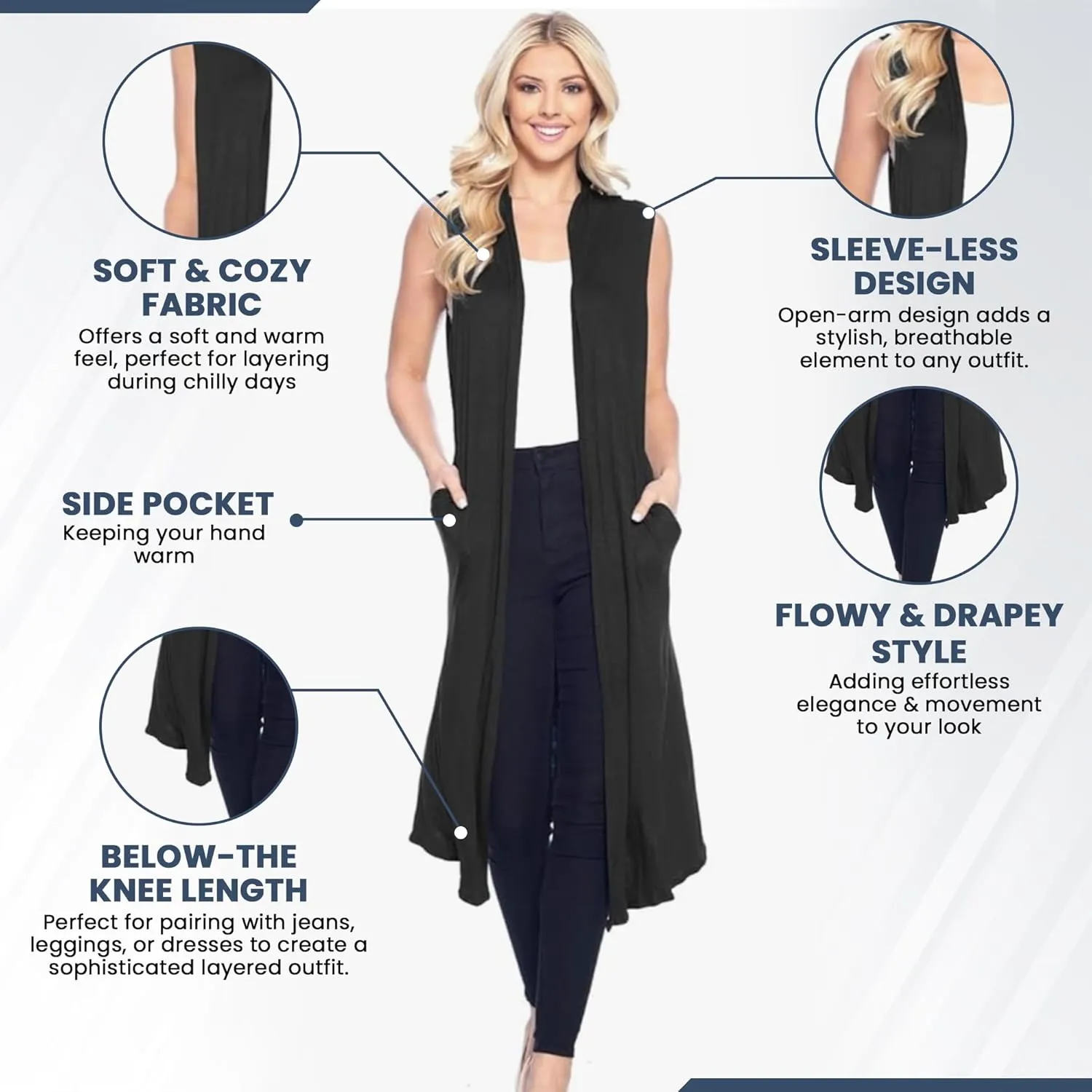 Isaac Liev Women's Sleeveless Cardigan  Casual Long Maxi Open Front Flowy Drape Lightweight Duster Vest Made in USA