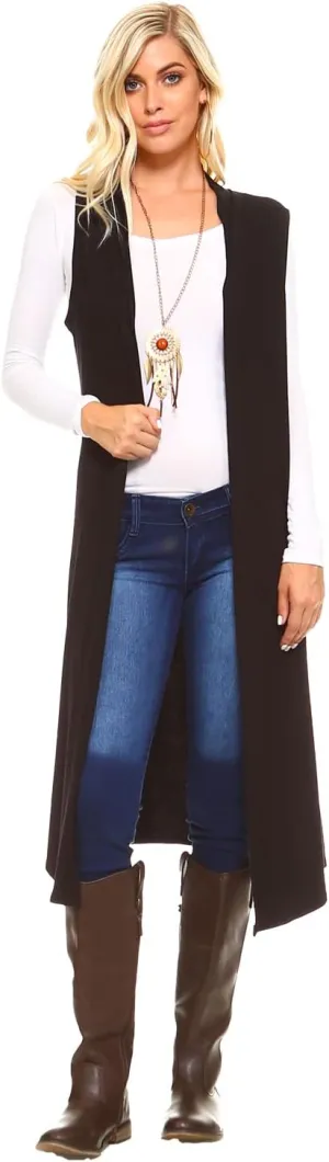 Isaac Liev Women's Sleeveless Cardigan  Casual Long Maxi Open Front Flowy Drape Lightweight Duster Vest Made in USA