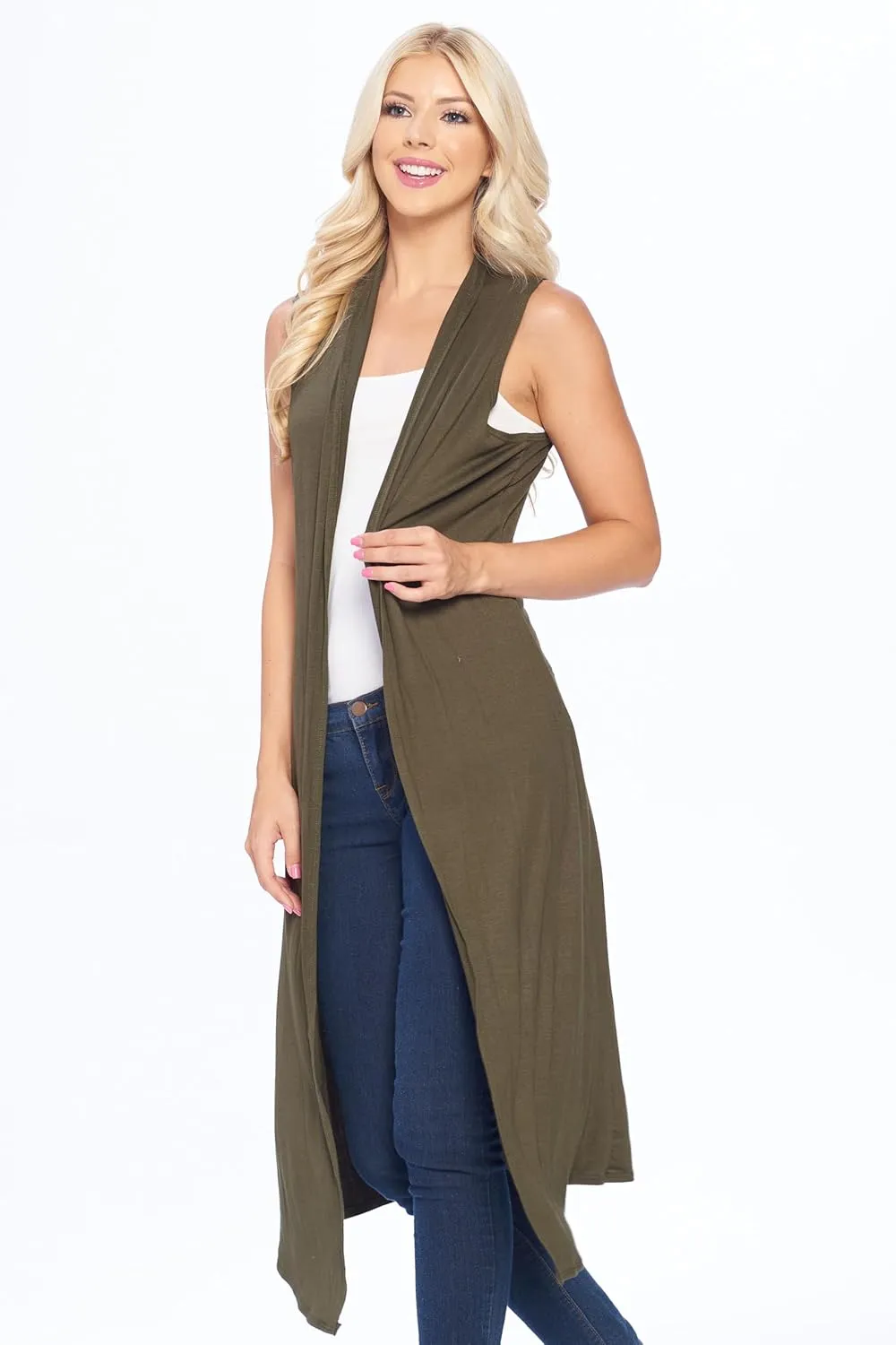 Isaac Liev Women's Sleeveless Cardigan  Casual Long Maxi Open Front Flowy Drape Lightweight Duster Vest Made in USA