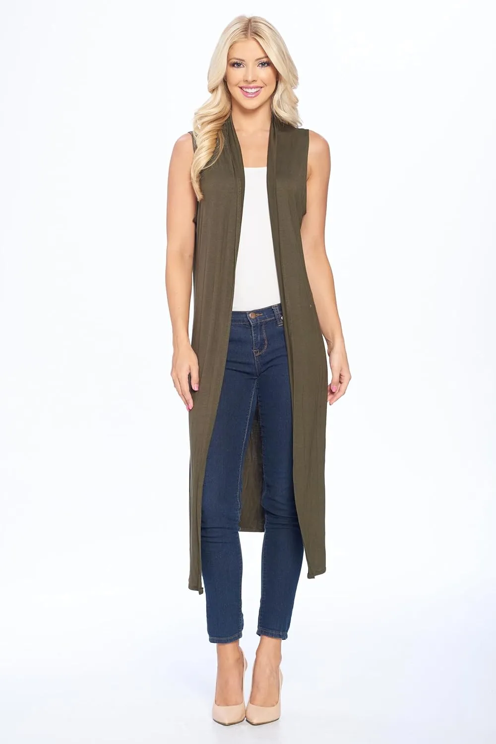 Isaac Liev Women's Sleeveless Cardigan  Casual Long Maxi Open Front Flowy Drape Lightweight Duster Vest Made in USA