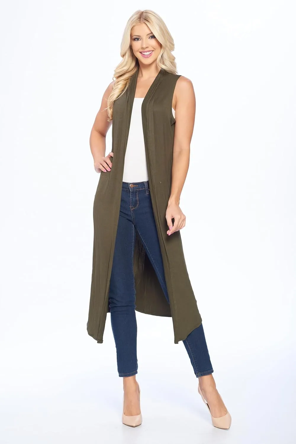 Isaac Liev Women's Sleeveless Cardigan  Casual Long Maxi Open Front Flowy Drape Lightweight Duster Vest Made in USA