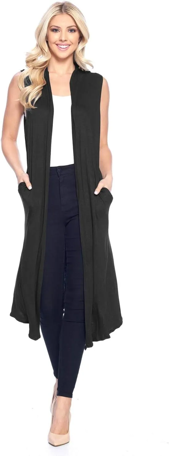Isaac Liev Women's Sleeveless Cardigan  Casual Long Maxi Open Front Flowy Drape Lightweight Duster Vest Made in USA