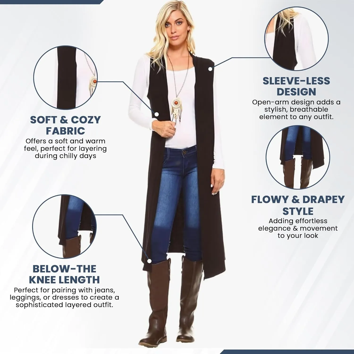 Isaac Liev Women's Sleeveless Cardigan  Casual Long Maxi Open Front Flowy Drape Lightweight Duster Vest Made in USA