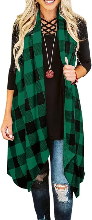 Ivay Womens Plaid Open Front Sweaters Sleeveless Duster Cardigans Drape Lightweight Vest Coat with Pockets