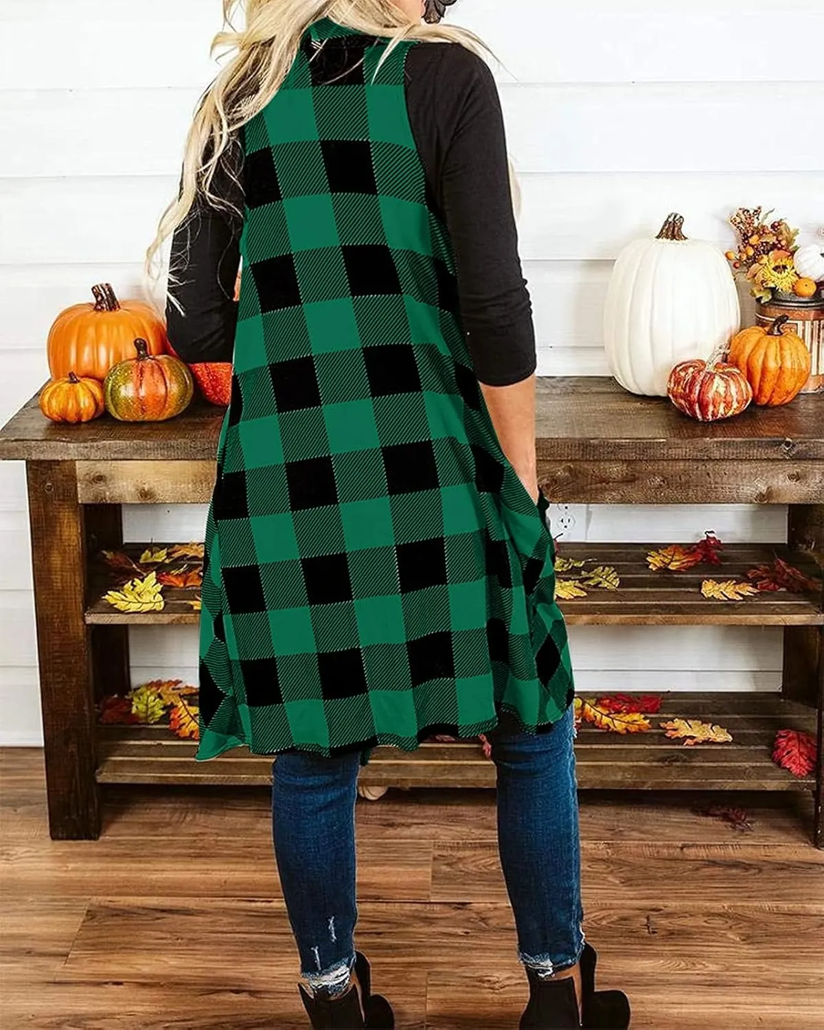 Ivay Womens Plaid Open Front Sweaters Sleeveless Duster Cardigans Drape Lightweight Vest Coat with Pockets