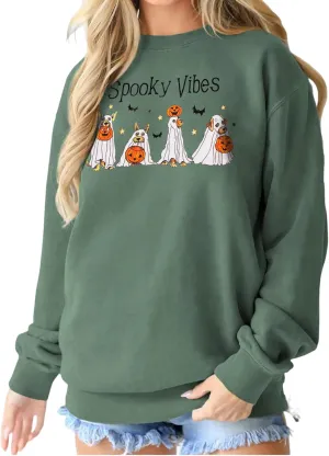 IZYJOY Halloween Ghost Dog Sweatshirt Womens Crewneck Doggy Pumpkin Oversized Tops Spooky Vibes Pullover Long Sleeve Sweaters