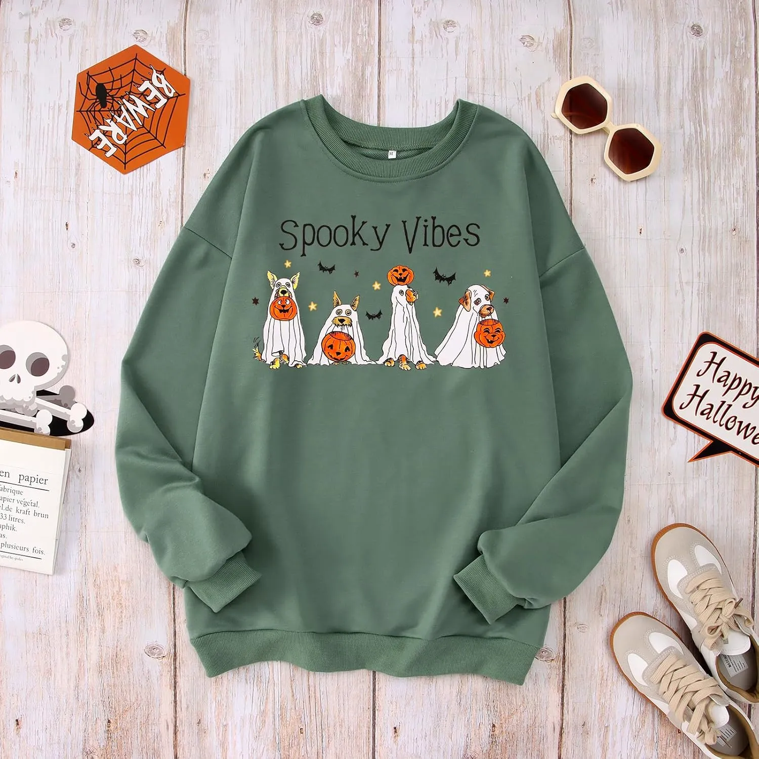 IZYJOY Halloween Ghost Dog Sweatshirt Womens Crewneck Doggy Pumpkin Oversized Tops Spooky Vibes Pullover Long Sleeve Sweaters