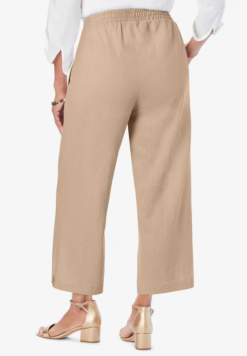 Jessica London Women's Plus Size Wide Leg Linen Crop Pants Elastic Waist