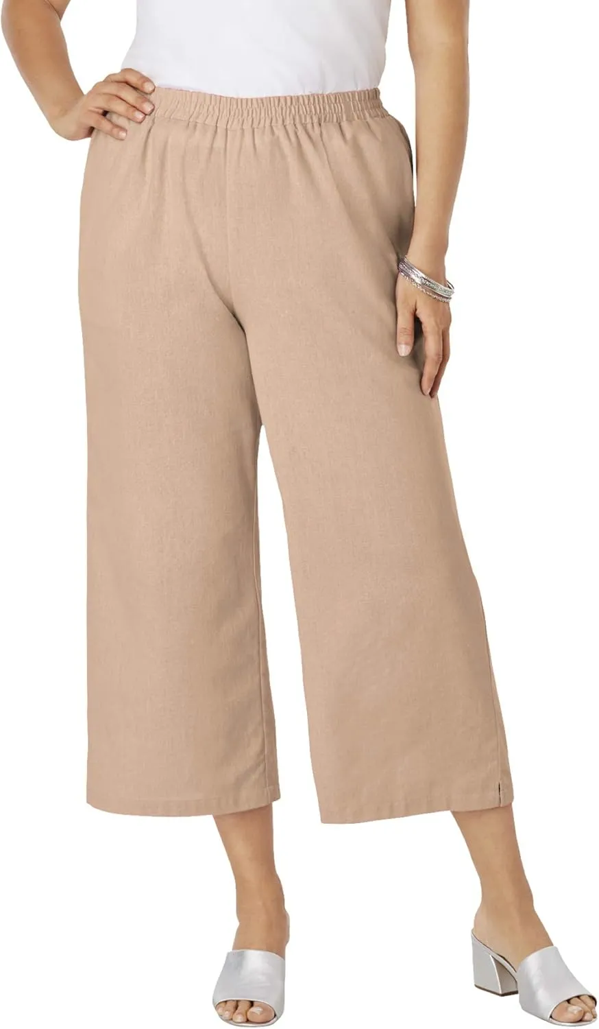 Jessica London Women's Plus Size Wide Leg Linen Crop Pants Elastic Waist