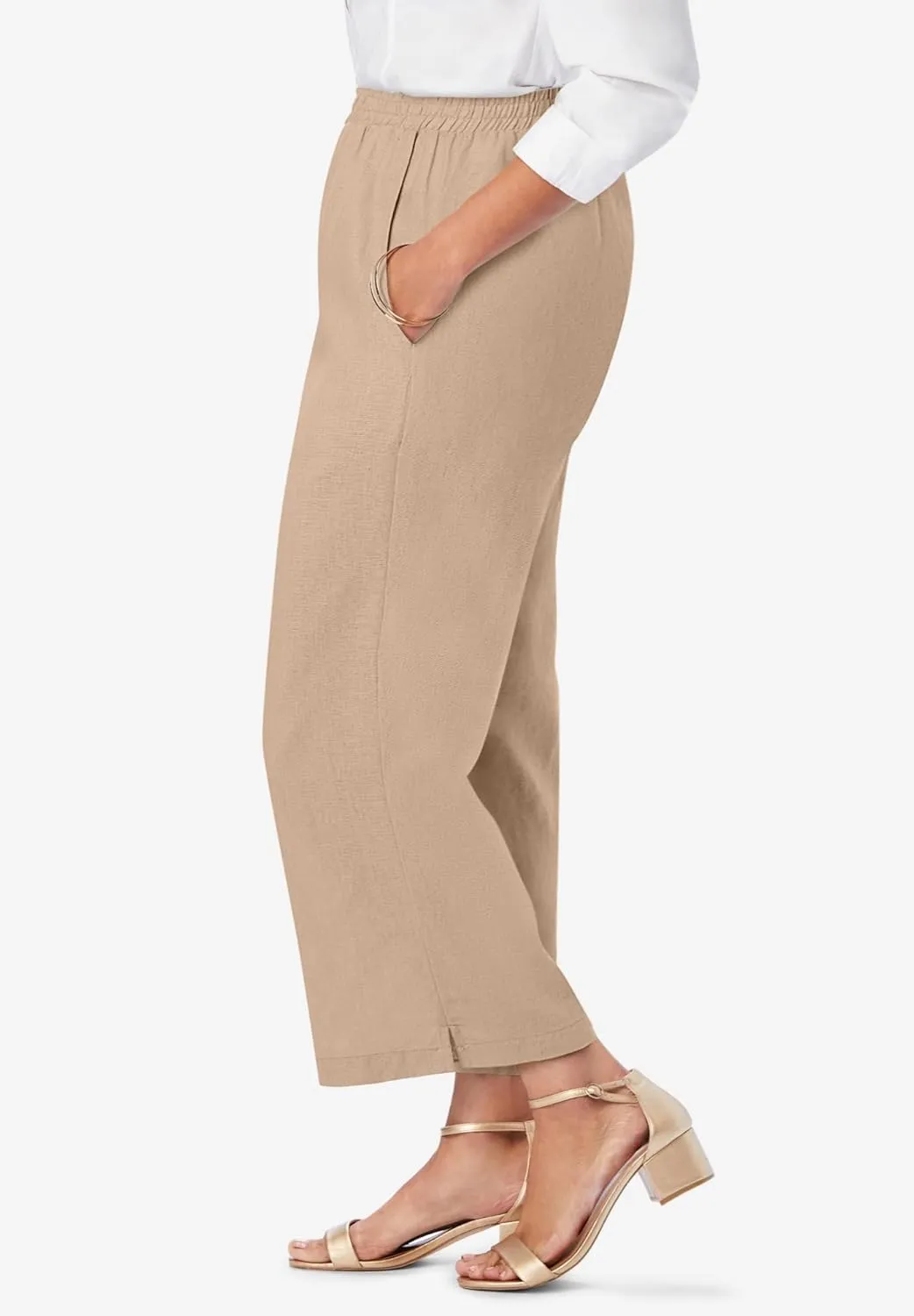 Jessica London Women's Plus Size Wide Leg Linen Crop Pants Elastic Waist