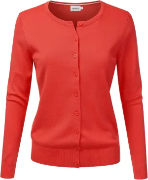 JJ Perfection Basic Button Down Soft Knitted Cardigan Long Sleeve Crew Neck Casual Sweater Jackets for Womens with Plus Size
