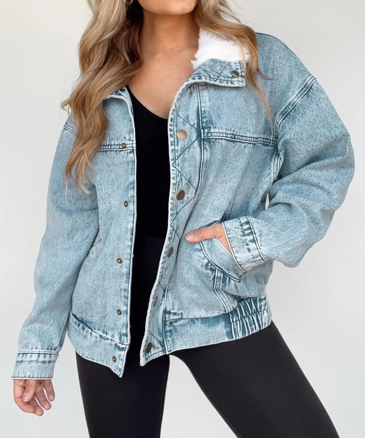Kedera Womens Sherpa Collar Oversized Denim Jacket Boyfriend Jean Coat Jeans Trucker Bomber Jacket for Women Girls
