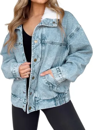 Kedera Womens Sherpa Collar Oversized Denim Jacket Boyfriend Jean Coat Jeans Trucker Bomber Jacket for Women Girls