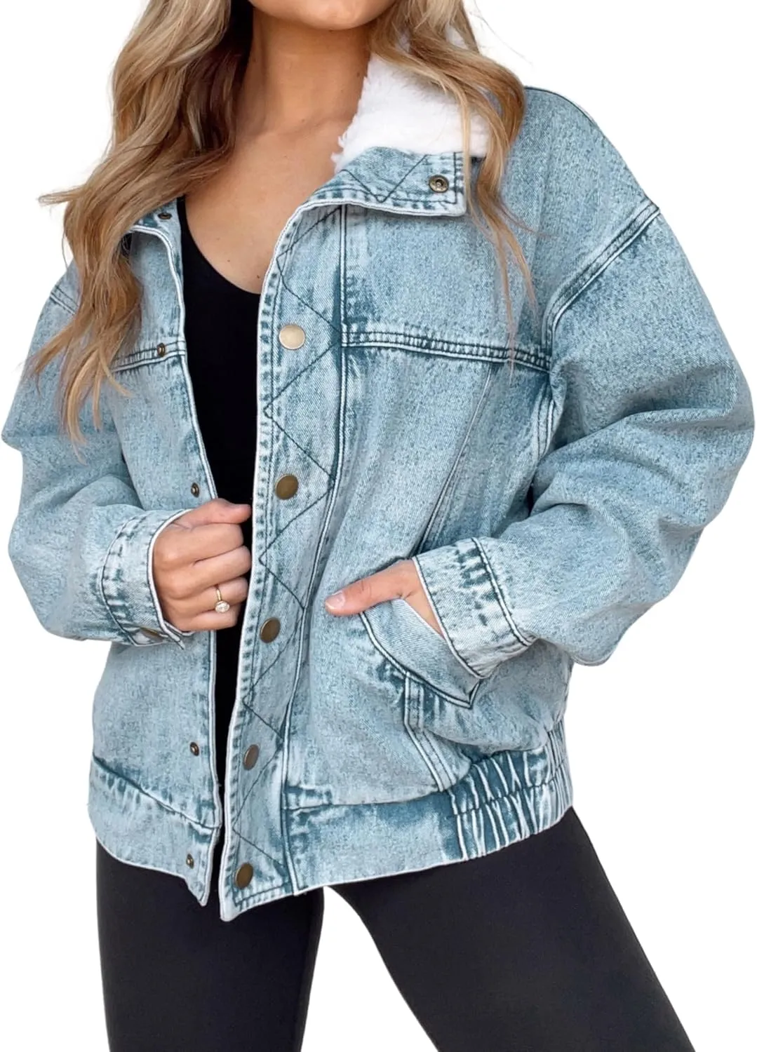 Kedera Womens Sherpa Collar Oversized Denim Jacket Boyfriend Jean Coat Jeans Trucker Bomber Jacket for Women Girls