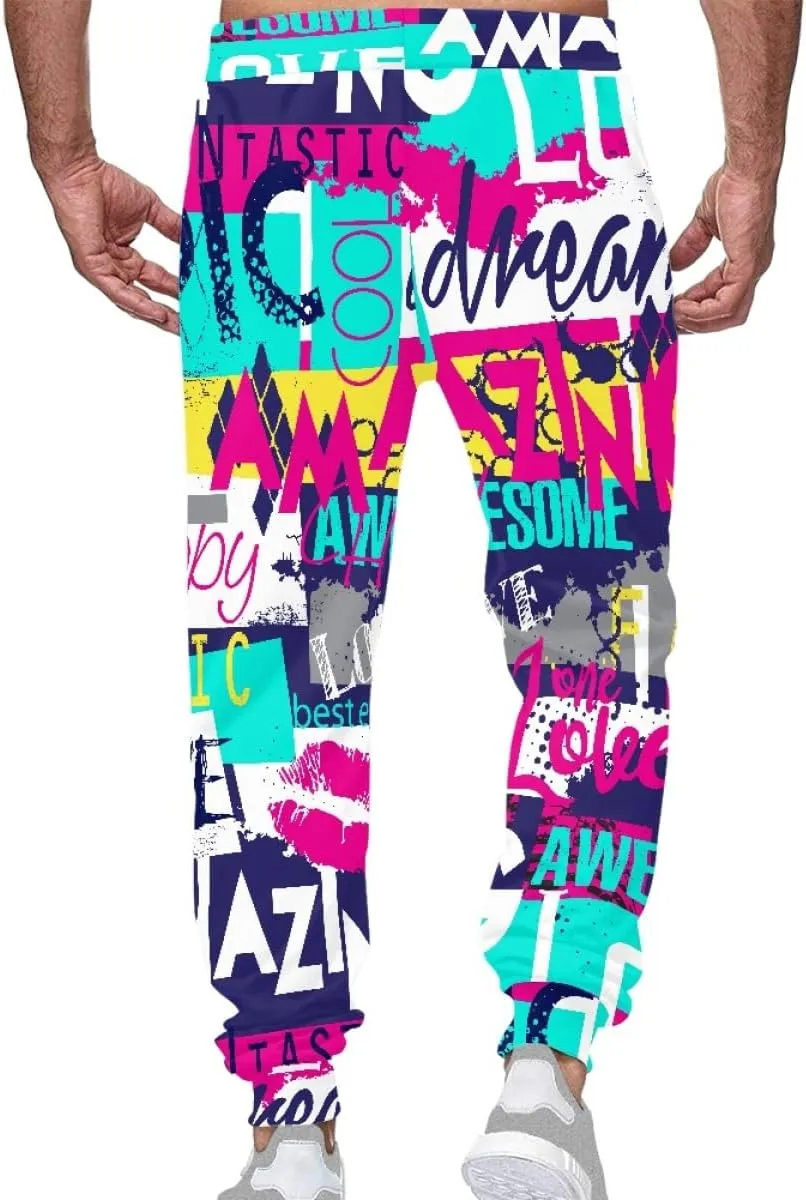 KIDVOVOU Men's Graffiti Print Elastic Waist Drawstring Hip Hop Pants Sport Jogger Sweatpants with Pockets