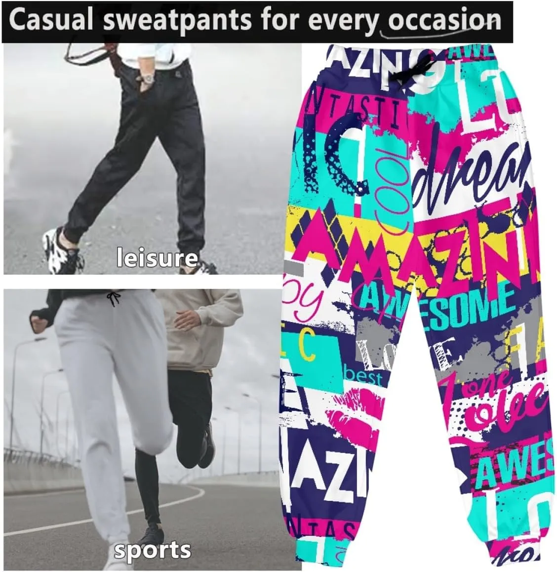 KIDVOVOU Men's Graffiti Print Elastic Waist Drawstring Hip Hop Pants Sport Jogger Sweatpants with Pockets
