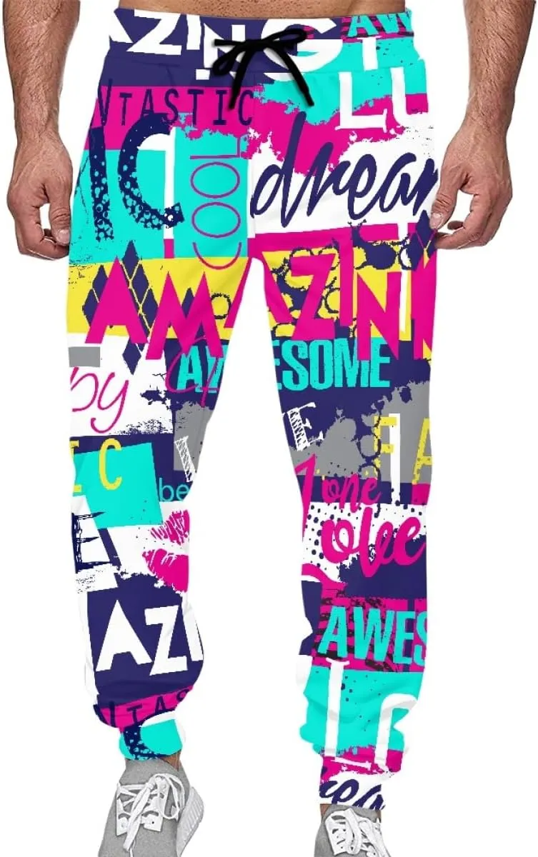 KIDVOVOU Men's Graffiti Print Elastic Waist Drawstring Hip Hop Pants Sport Jogger Sweatpants with Pockets