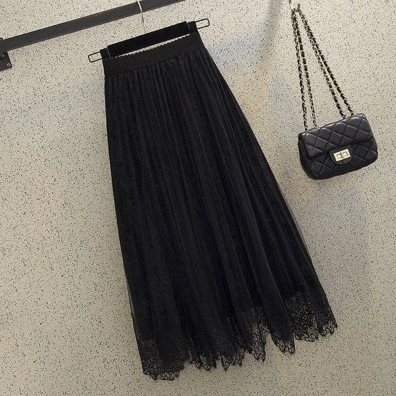 Lace Pleated Velvet Midi Skirt