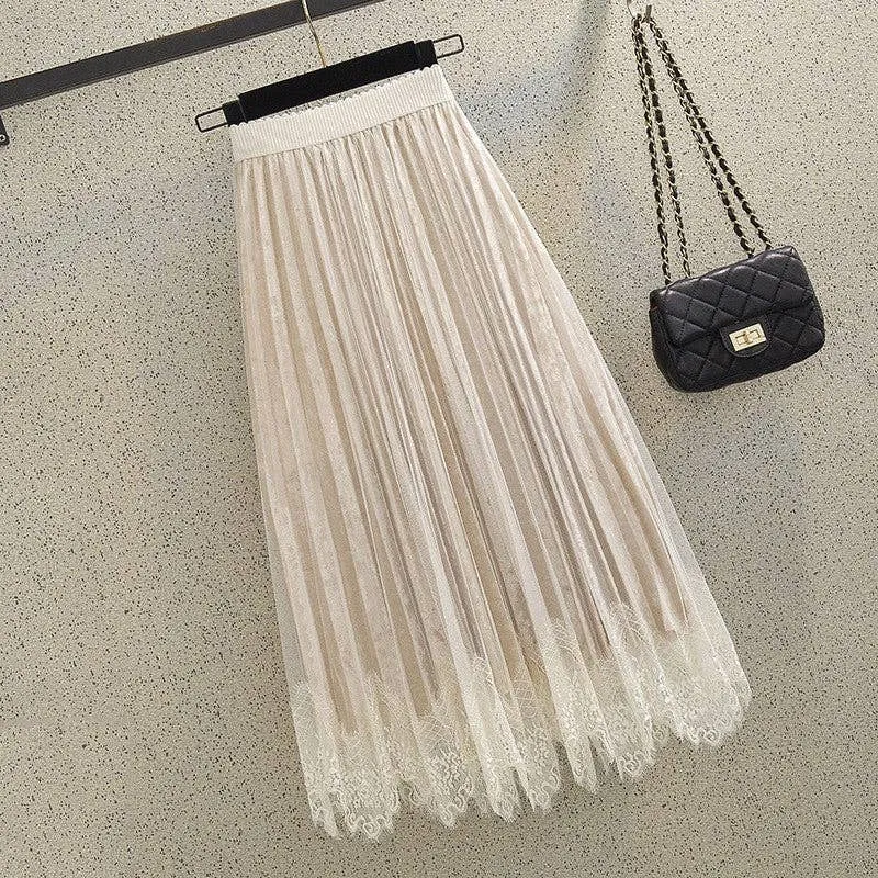 Lace Pleated Velvet Midi Skirt