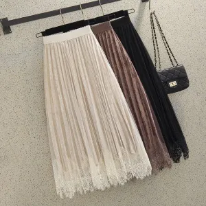 Lace Pleated Velvet Midi Skirt
