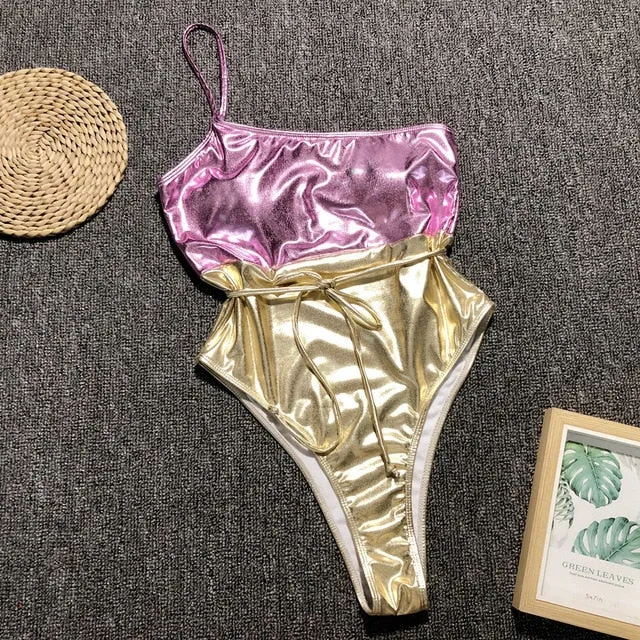 Lady One Shoulder Shiny Reflective Metallic Swimwear