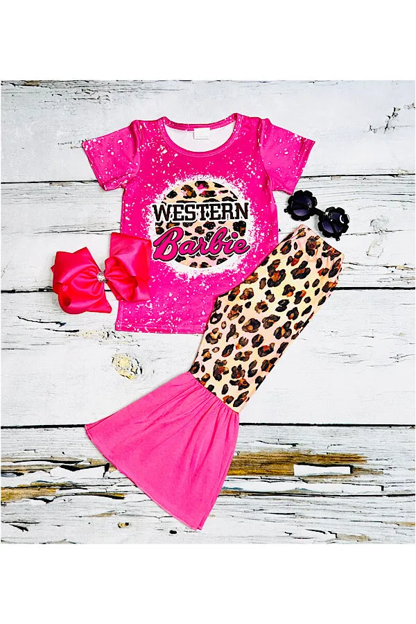 Leopard & hot pink "WESTERN BARBIE" 2pc short sleeve set