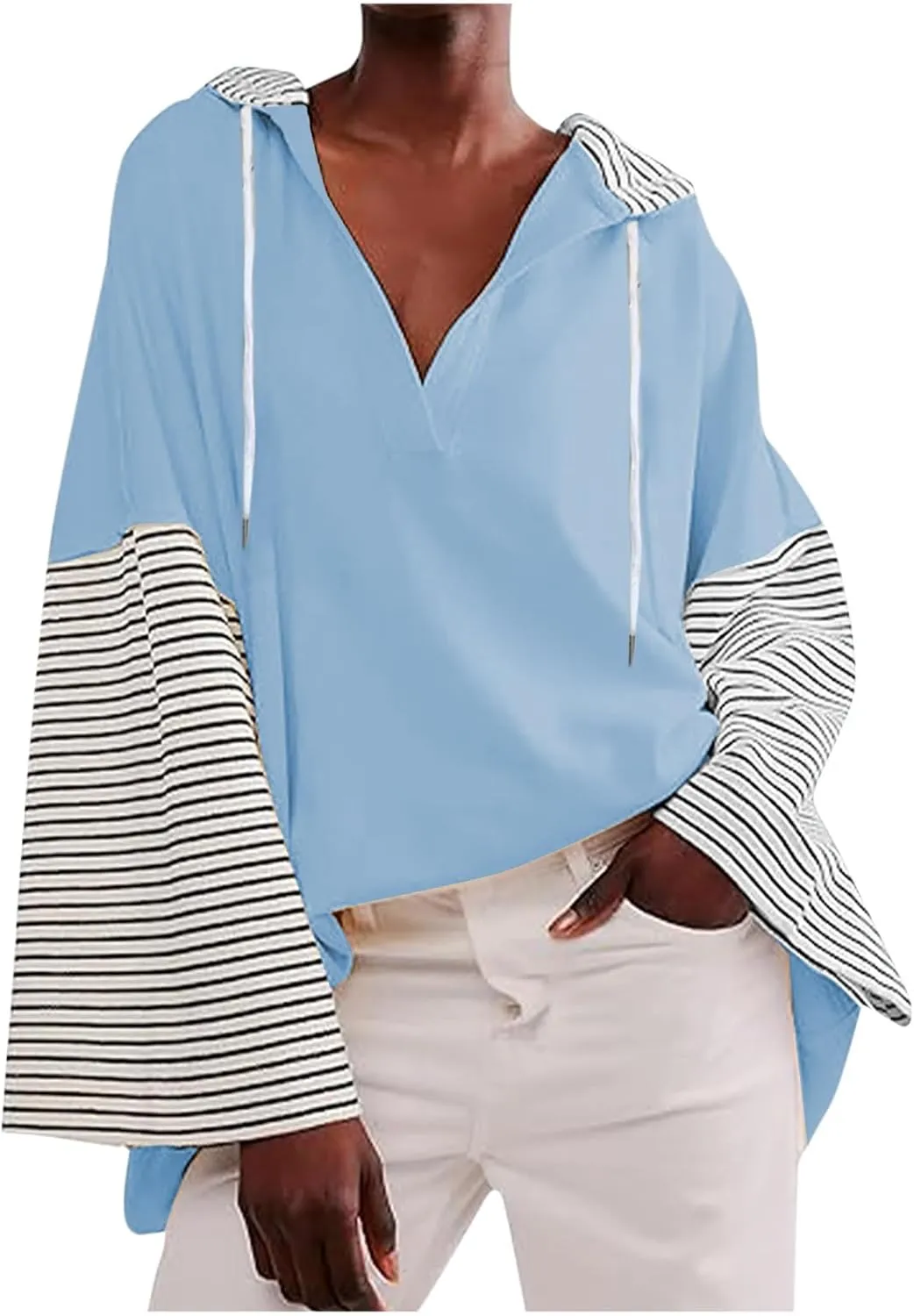 Lightweight Hoodie Sweatshirts For Women 2024 Casual Long Sleeve v Neck Pullover Tops Color Block Oversized Sweatshirt