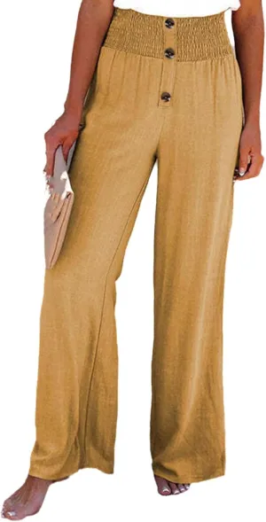 Linen Blend High Rise Smocked Pants,Women's Summer Solid High Waisted Loose Casual Elastic Waist Wide-Leg Trousers