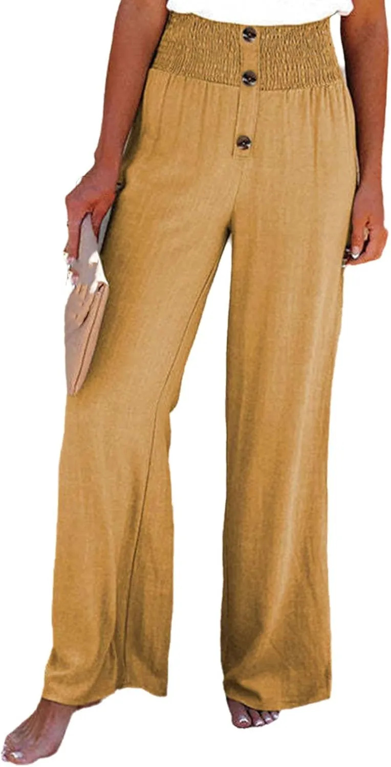 Linen Blend High Rise Smocked Pants,Women's Summer Solid High Waisted Loose Casual Elastic Waist Wide-Leg Trousers