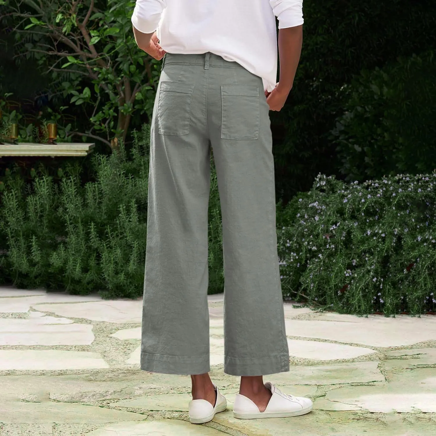 Linen Pants for Women, Straight Leg Peasant Pants Elastic Waist Linen Casual