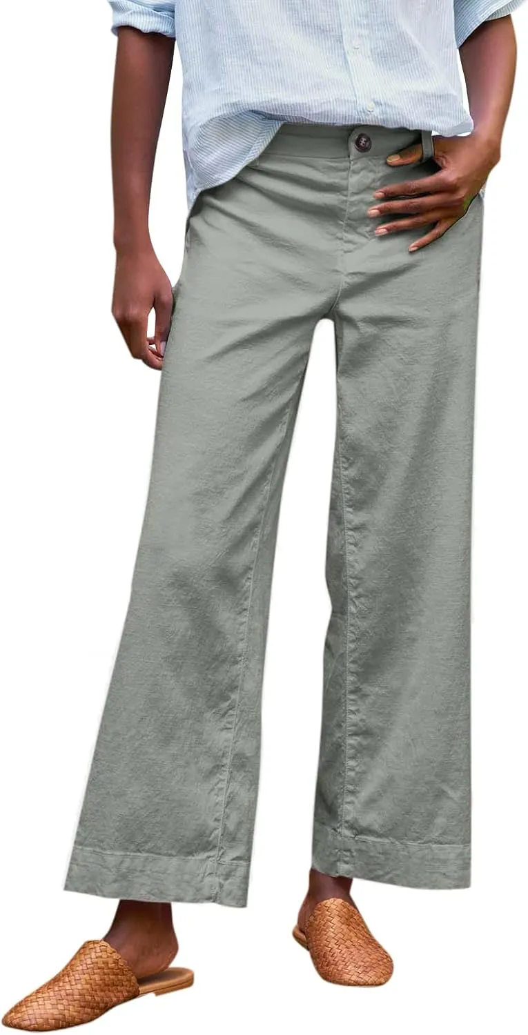 Linen Pants for Women, Straight Leg Peasant Pants Elastic Waist Linen Casual