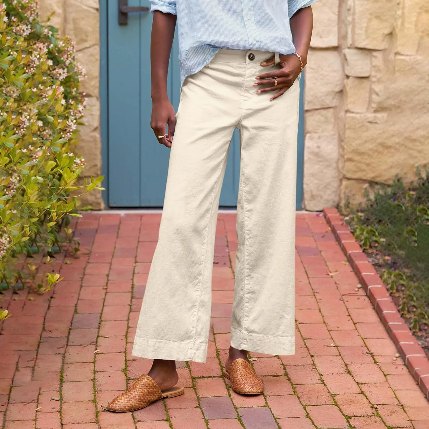 Linen Pants for Women, Straight Leg Peasant Pants Elastic Waist Linen Casual
