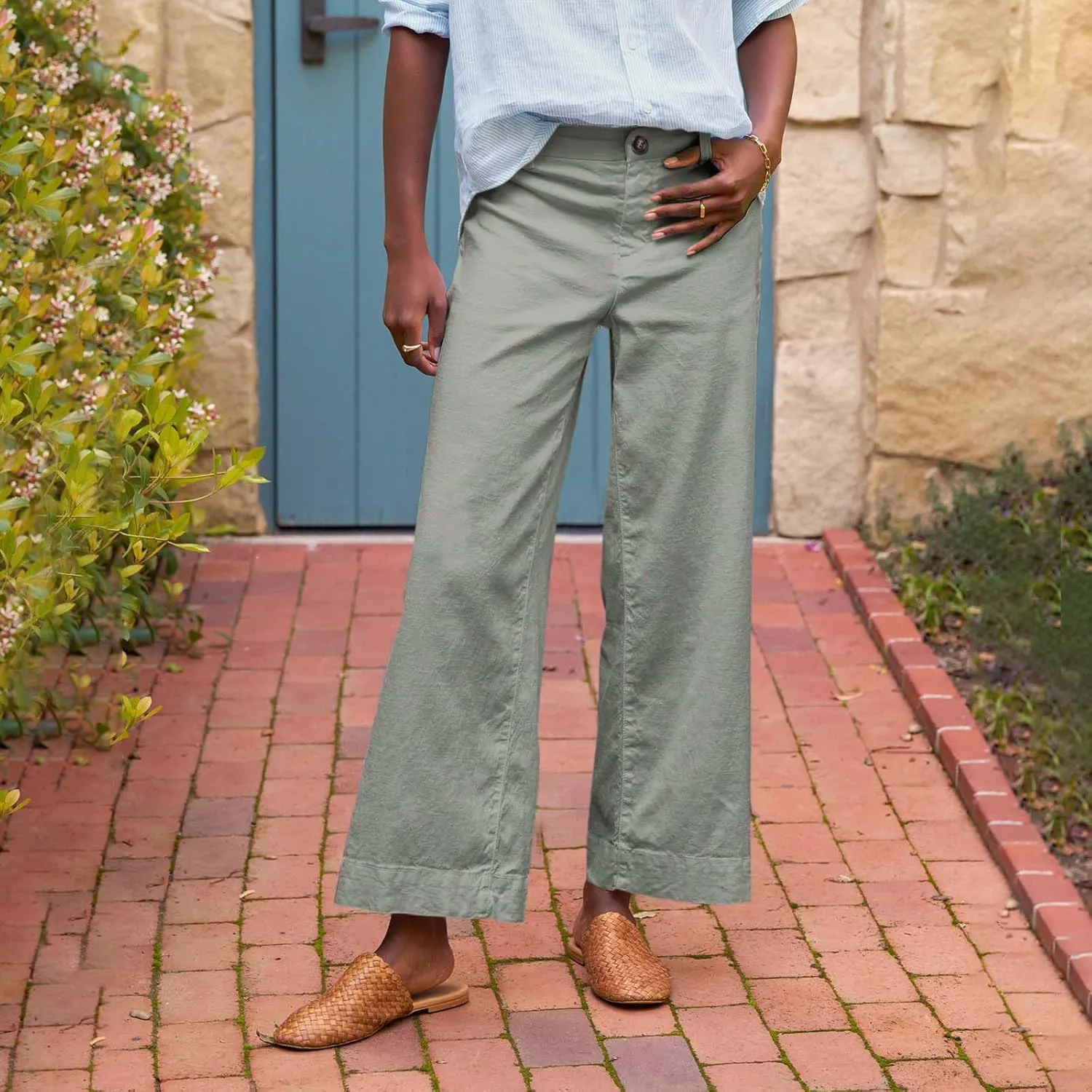 Linen Pants for Women, Straight Leg Peasant Pants Elastic Waist Linen Casual