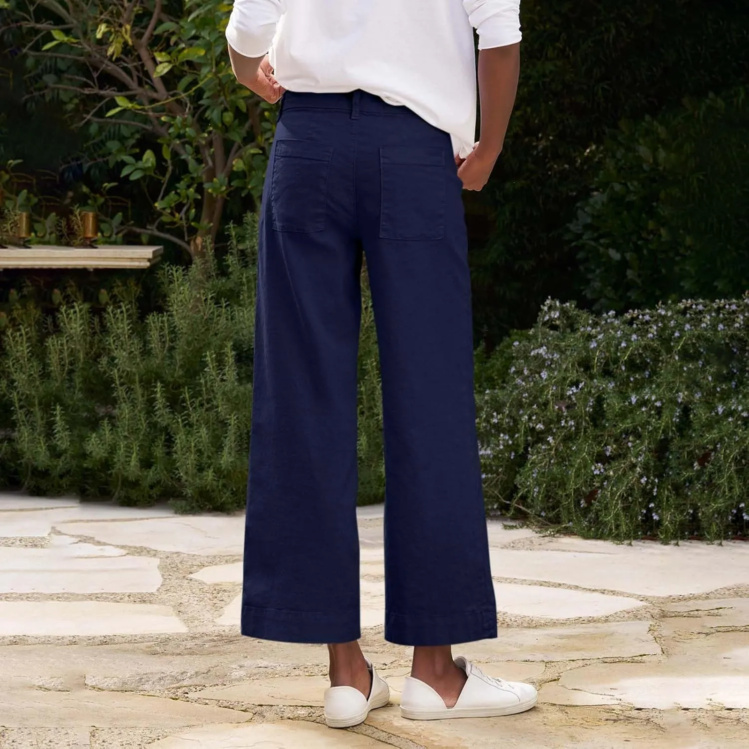 Linen Pants for Women, Straight Leg Peasant Pants Elastic Waist Linen Casual