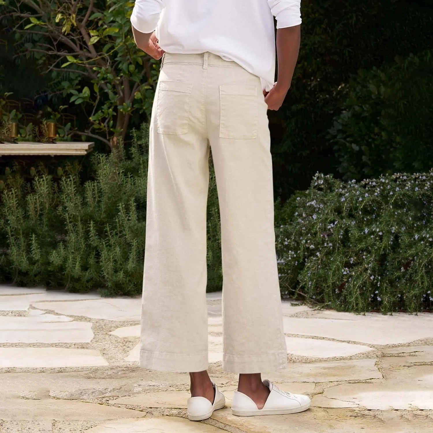 Linen Pants for Women, Straight Leg Peasant Pants Elastic Waist Linen Casual
