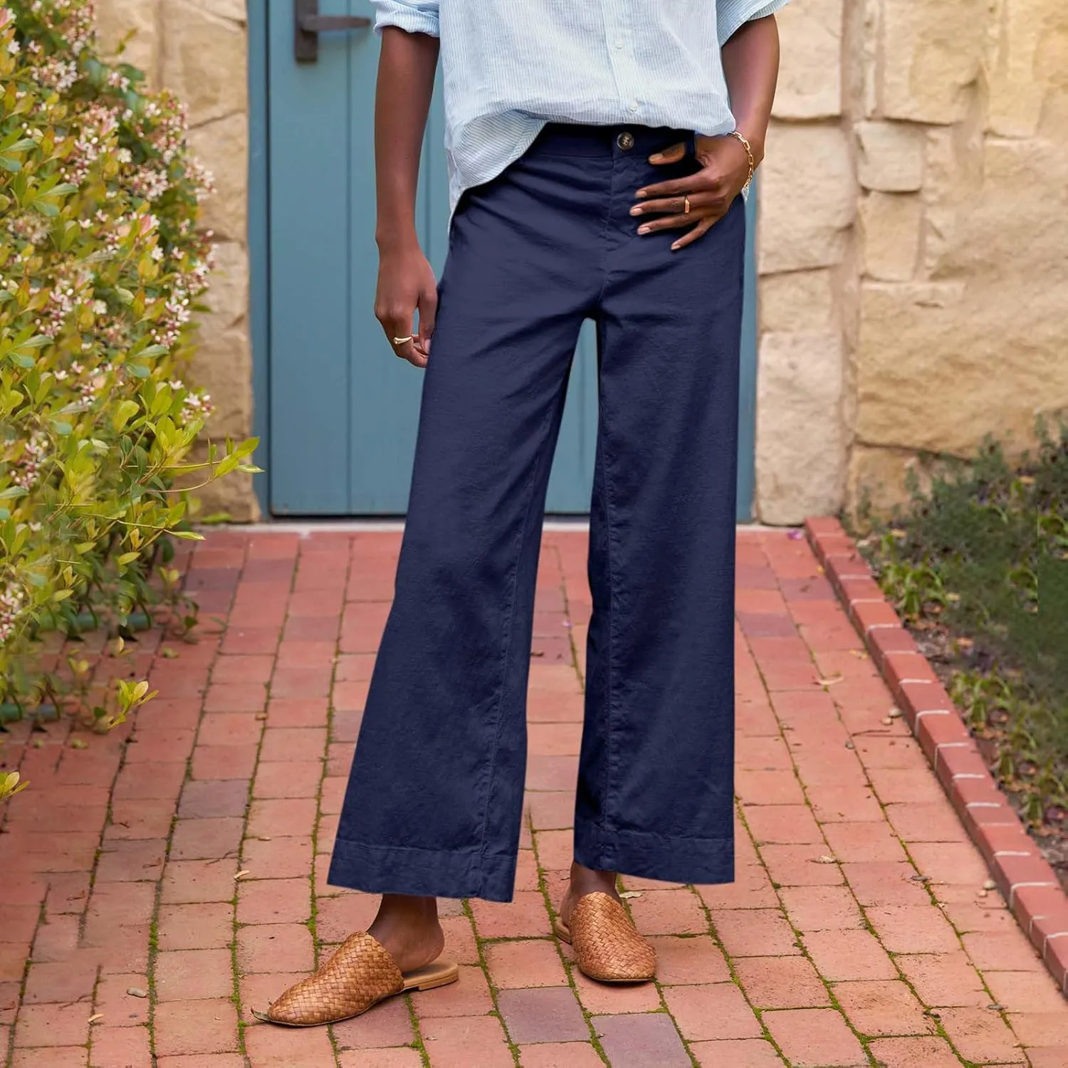 Linen Pants for Women, Straight Leg Peasant Pants Elastic Waist Linen Casual