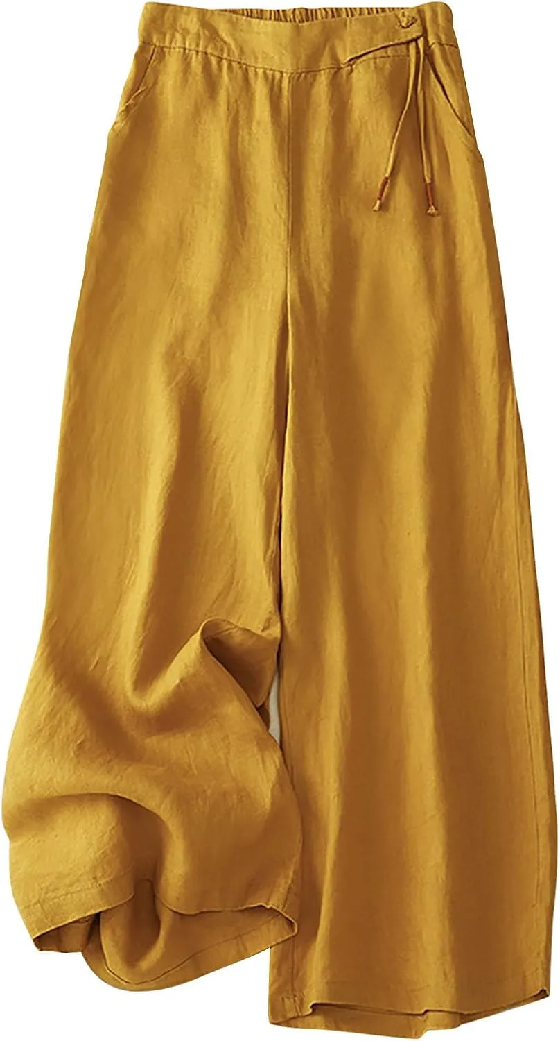 Linen Pants for Women Trendy Elastic Waist Cropped Palazzo Pants Laides Casual Summer Beach Flowy Wide Leg Trousers